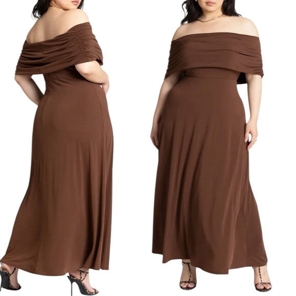 ELOQUII Dresses & Skirts - ELOQUII On or Off Shoulder Brown Maxi Dress Ruched Stretch Knit, Plus 18